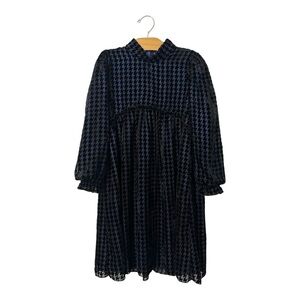 Lilou Girls Dress Houndstooth Blue Black Velvet Size 12 Modest Long Sleeves